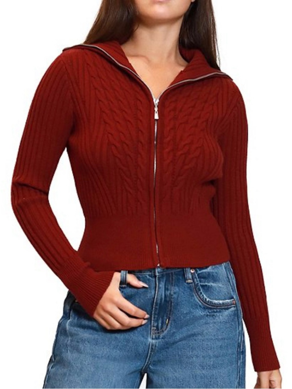 Steve Madden Rust Cable-Knit Zip Cardigan